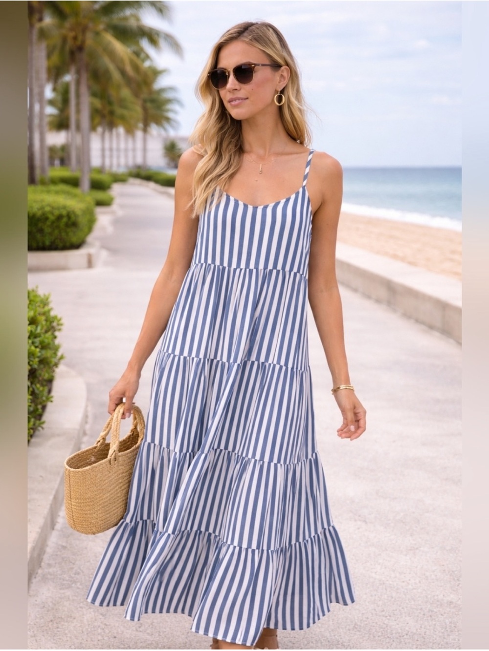 Show Me Your Mumu Caroline Maxi Dress in Ocean Stripe Blue White Pockets Medium